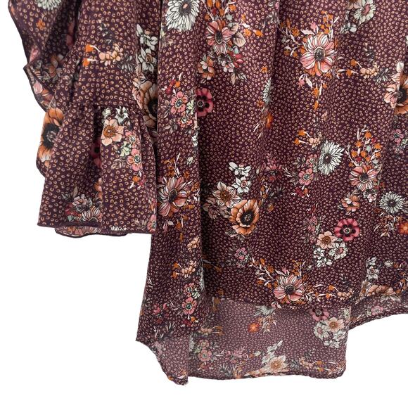 Ivy Jane Ruffle Split Sleeve Blouse Burgundy Orange Floral Print Womens XS - Picture 2 of 6